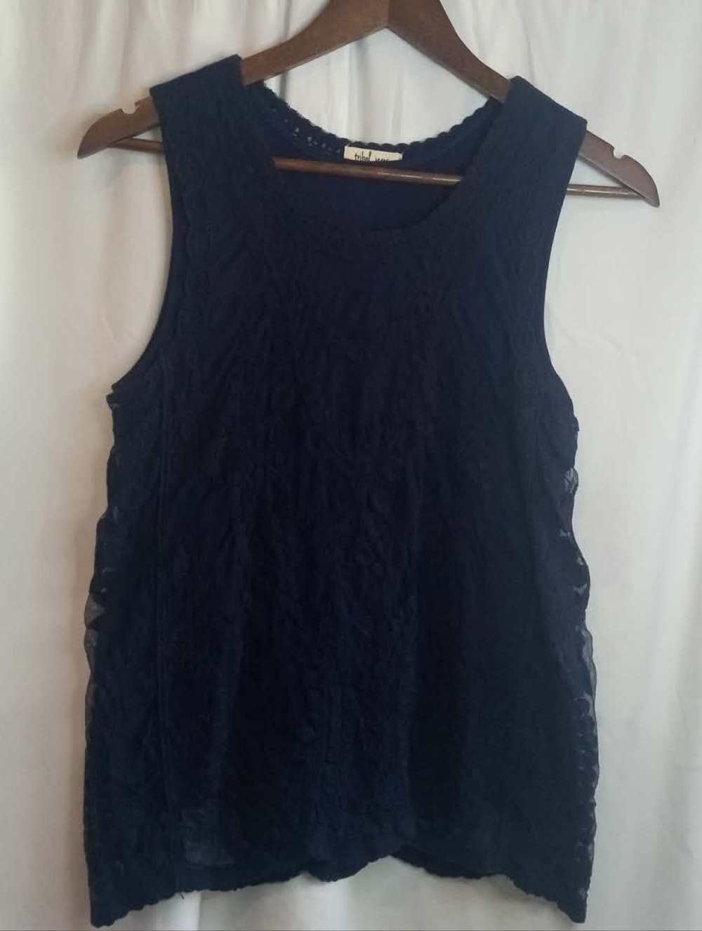 Small Navy Lace Overlay Sleeveless Tank Shirt Office Lined Victorian Classy Sexy